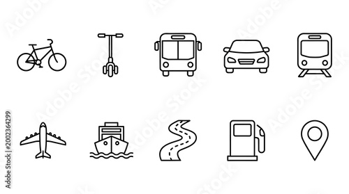 flat design vector icons of diverse transportation modes for urban mobility and travel
