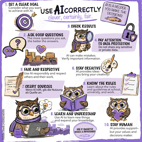 Colorful illustrated infographic about responsible AI usage. Cute Owl character. The list was created using chatGPT the illustration however is hand drawn doodle with brush strokes texture. Vector