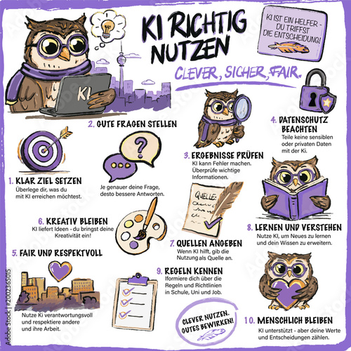 Farbenfrohe, illustrierte Infografik zum verantwortungsvollen Umgang mit KI. Niedliche Eule als Motiv. Die Liste wurde mit Chat GPT erstellt. Vektor, freigestellt, handgezeichnet mit Pinseltextur.