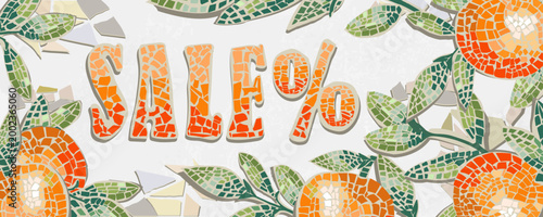 Sale banner with mosaic oranges and leaves elements, hand draw, vector isolated graphics. Interesting style and bright color.