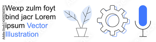 Technology, innovation, communication, productivity, ecology, modern tools. A plant in a pot, a gear and a microphone. Technology and innovation concepts with simple shapes