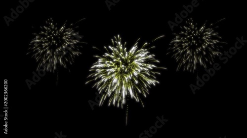Golden fireworks explosion, glowing sparkle burst, transparent  alpha channel, festive celebration animation, bright light particles display, elegant pyrotechnic effect, black background loop 4k