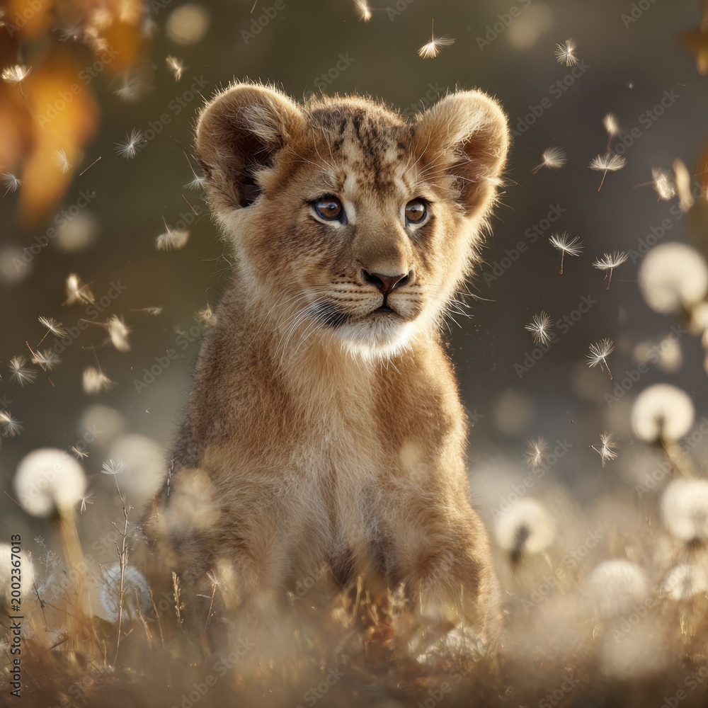 Obraz premium Curious young lion cub sitting amidst a field of dandelions gently blowing in the warm golden sunlight during a peaceful autumn afternoon