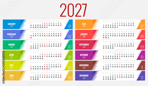 2027 calendar template and compact date rows. Clean annual 2027 planner concept for office organization, schedule overview, and print use. 12 months included