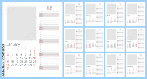 2027 calendar template and compact date rows. Clean annual 2027 planner concept for office organization, schedule overview, and print use. 12 months included