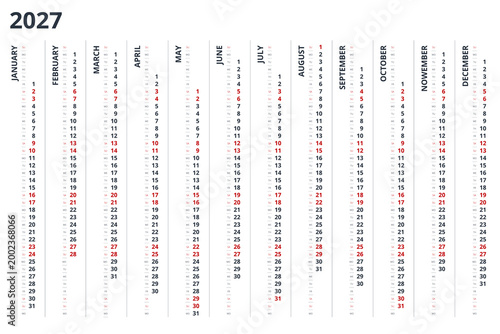 2027 calendar template and compact date rows. Clean annual 2027 planner concept for office organization, schedule overview, and print use. 12 months included