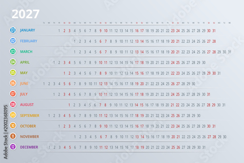2027 calendar template and compact date rows. Clean annual 2027 planner concept for office organization, schedule overview, and print use. 12 months included