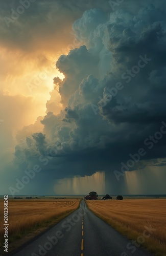 Rural road leads to farm under massive stormy clouds. Golden fields flank asphalt path as rain falls from dark sky. Dramatic natural power looms over countryside.