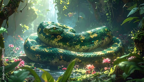 Lush jungle coiled serpent