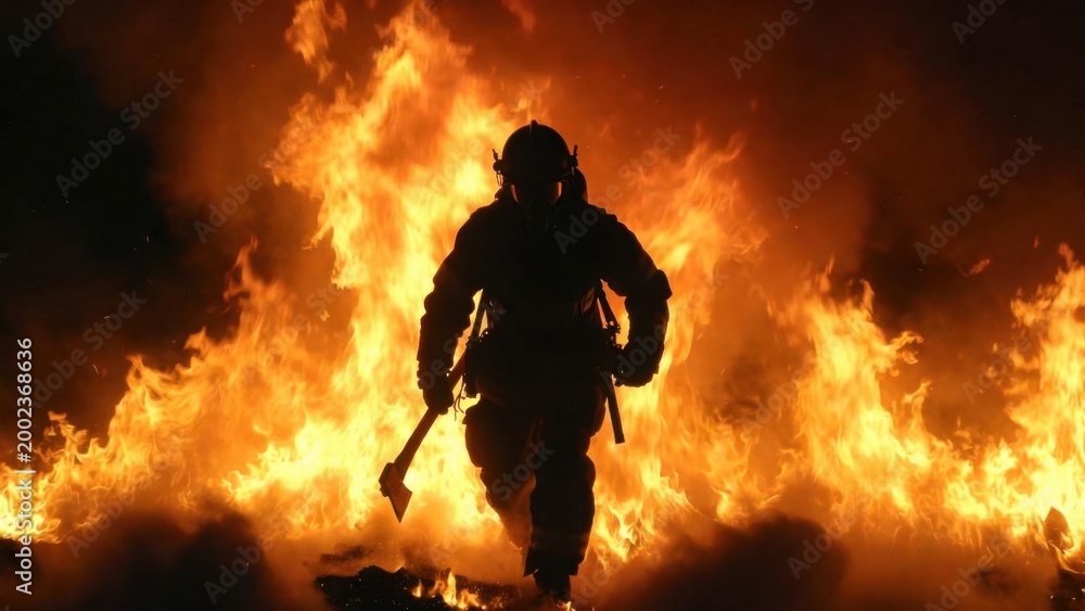 Obraz premium Firefighter strides through roaring flames
