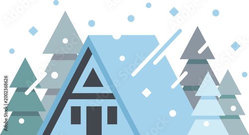 Cabin stands surrounded by evergreen trees while gentle snow falls during the winter season.