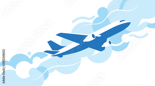 Airplane flies through the sky leaving a trail of clouds behind it in a flat vector design style.