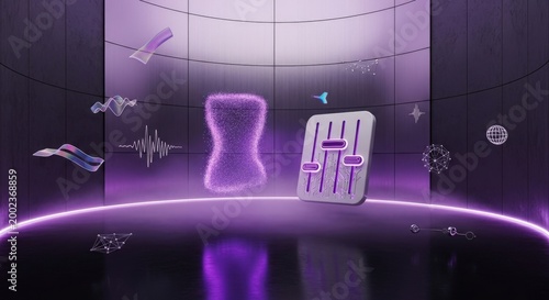 Futuristic Synthesizer Design Hub: Holographic Musical Note and Ceramic Slider in Luxury Architectural Void with Neon Purple Glow