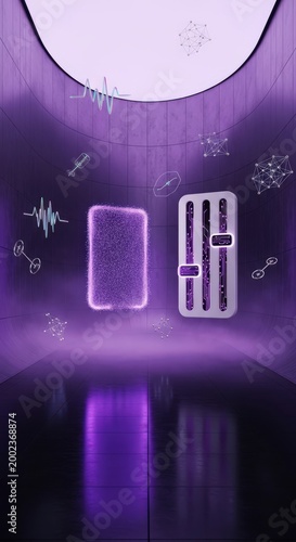 Futuristic Synthesizer Design Hub: Holographic Musical Note and Ceramic Slider in Luxury Architectural Void with Neon Purple Glow