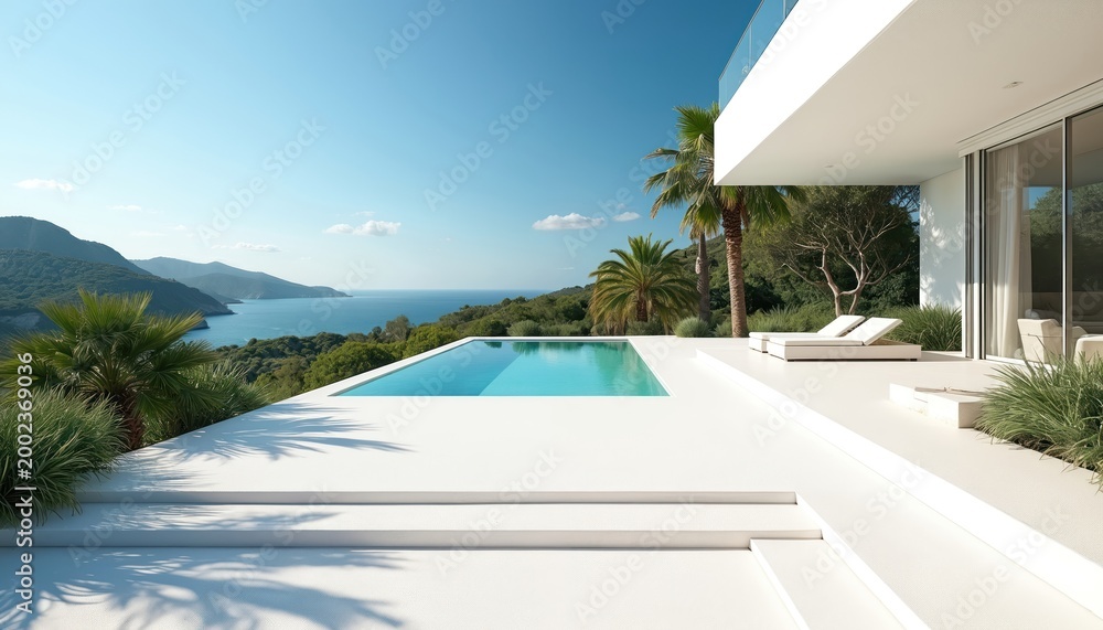 Obraz premium Modern white villa with infinity pool offers stunning sea views. Rich green hillsides, palm trees surround luxurious outdoor space. Upscale vacation home embodies relaxation, serene coastal living.