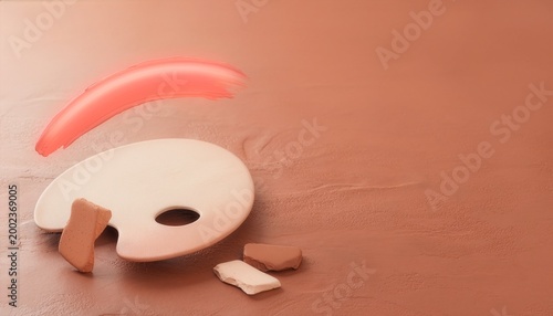 Art Palette with Vibrant Coral Paint Stroke and Clay Pieces on Terracotta Background, Flat Lay with Copy Space Right