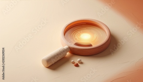 Research Concept: Stylized Magnifying Glass with Glowing Data on Beige Background, Overhead View, Copy Space