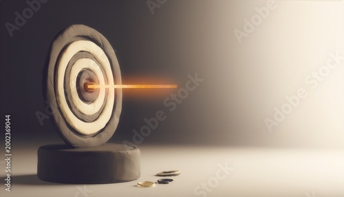 Strategic business target with glowing arrow hitting bullseye, copy space right