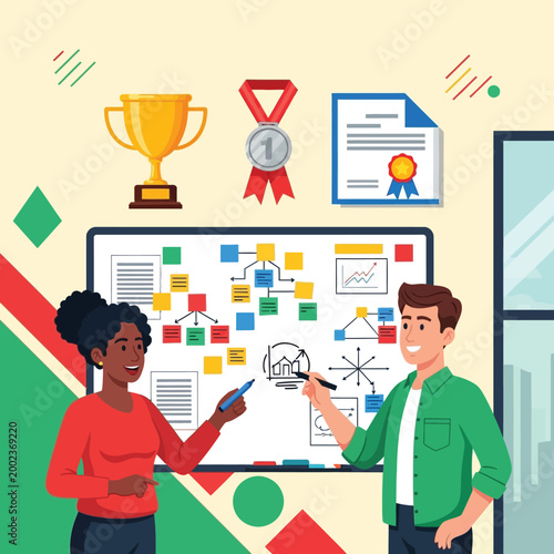 Business professionals collaborating on strategic project plan, brainstorming innovative ideas for success and achievement in a dynamic team environment