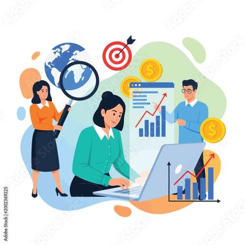 Dynamic Team Collaborating on Market Research, Data Analysis, and Strategic Planning to Drive Business Growth and Financial Success using Digital Marketing Tools