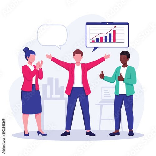 Excited team celebrating success with a graph showing growth and positive results, embodying triumph and achievement in a business setting