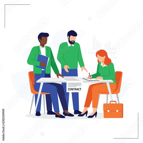 Business professionals collaborating on a contract, illustrating teamwork and professional agreement in a modern office setting