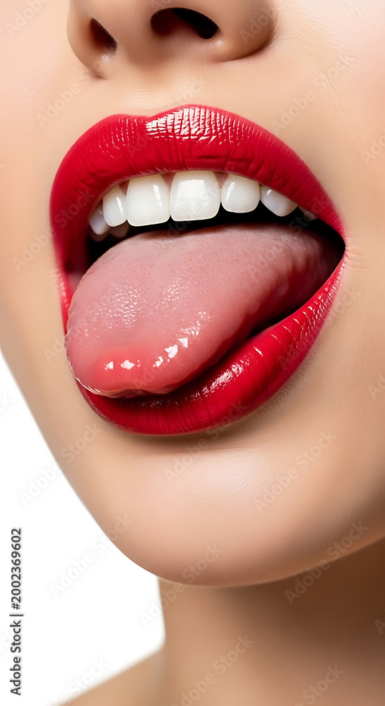 Naklejka premium close-up of woman showing bright red lipstick and tongue in natural light