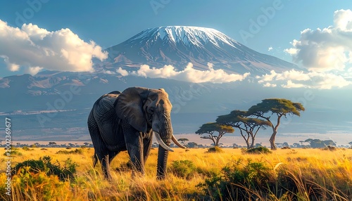 Majestic elephant in golden savanna, snowy mountain backdrop under a cloudy sky
