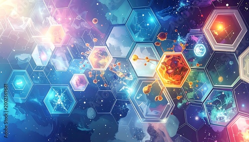 Hexagonal cells float in space, interconnected with glowing particles, set against a cosmic nebula backdrop