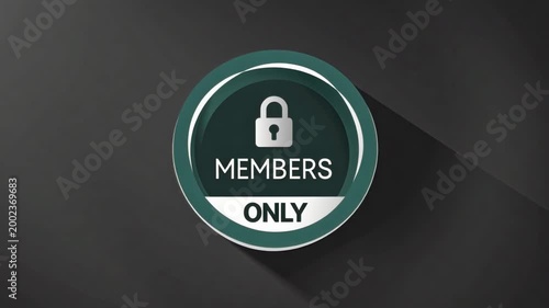 Members only badge with lock icon on a dark charcoal background. Circular dark green and white button design for exclusive access, VIP subscription, and restricted privacy concepts.