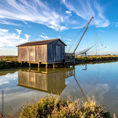 Rustic fishing hut on stilts by calm water, reflecting sky