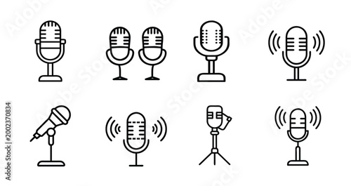 Microphone web line icons set podcast audio record voice studio equipment & more vector illustration with editable stroke