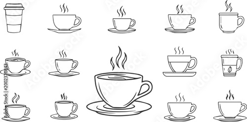 Vector Cups of coffee or tea collection , Coffee cup , Cup coffe with steam , Coffee cup icon set in outline style
