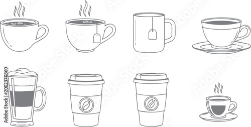 Vector Cups of coffee or tea collection , Coffee cup , Cup coffe with steam , Coffee cup icon set in outline style