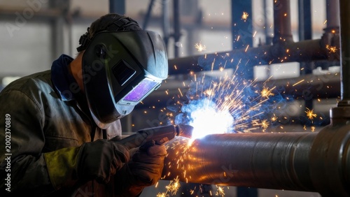 Welder in protective gear focuses intently on welding