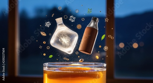 Conceptual Artisanal Kombucha Fermentation: Floating Glass Bubble and Wood Bottle Icons with SCOBY in Hazy Amber Macro Detail