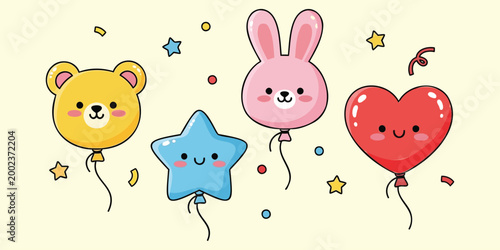 Cute Cartoon Balloon Characters Set – Bear, Bunny, Star and Heart Kawaii Vector Illustration