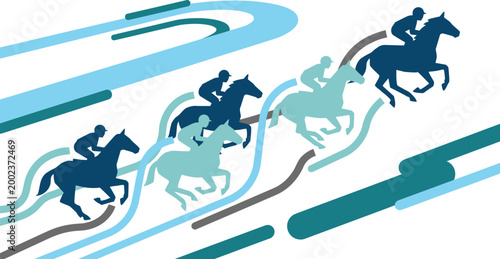 Racehorses and jockeys gallop across a stylized track in this dynamic graphic illustration.