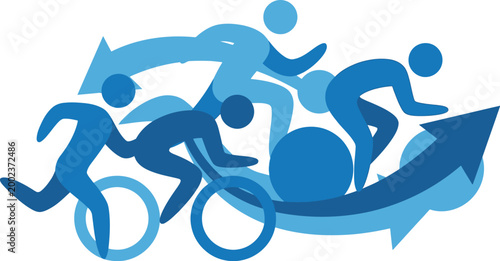 Runners and cyclists move forward with upward arrows representing progress and high performance.