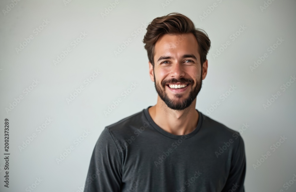 Obraz premium Happy man with beard smiles broadly, looking at camera. Casual guy wears dark t-shirt against plain background. Copy space available for text overlay.