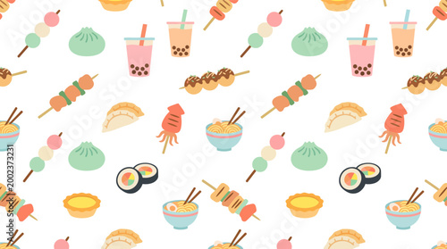 Seamless Asian Street Food Pattern with Dim Sum, Boba Tea, Sushi, and Ramen Illustrations
