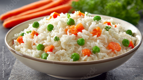 Steaming bowl of fluffy white rice mixed with bright green peas and tender carrot chunks, garnished with fresh herbs, presented on a rustic tabletop setting