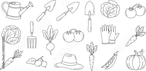 Garden tools and vegetables doodle icon set vector illustration