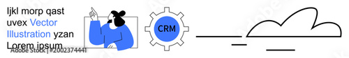 Business solutions, cloud technology, CRM management, workflow optimization, digital tools, online systems. Blue-clad figure pointing, CRM gear icon cloud. CRM management and business solutions