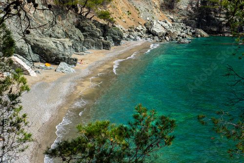 Secluded mediterranean cove with turquoise water and rocky cliffs