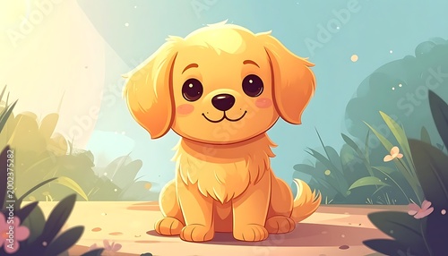 Adorable, fluffy golden puppy sits sweetly amidst lush greenery under a sunny, bright, softly blurred, sky