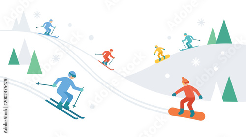 Skiers and snowboarders navigate a snowy mountain slope during a vibrant winter sports day.