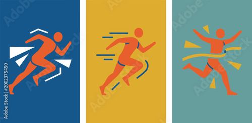 Runner figure depicts three stages of a sprint including the start, the speed, and crossing the finish line.