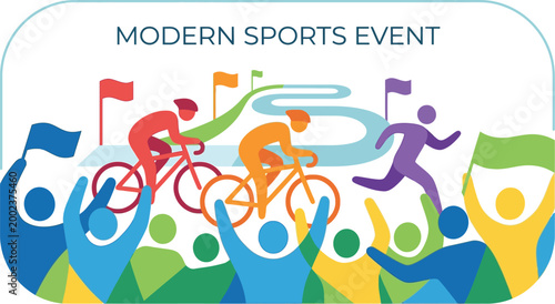 Cyclists and runners compete in a modern sports event while a cheering crowd waves flags in the background.
