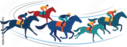 Racehorses competing on a track feature multiple jockeys leading their animals during a fast race.